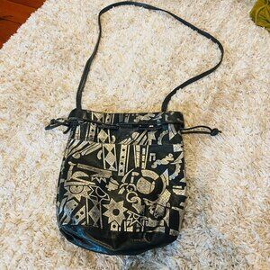 Round Hobo LEATHER Crossbody Bucket Bag Tribal Print Black+Gold